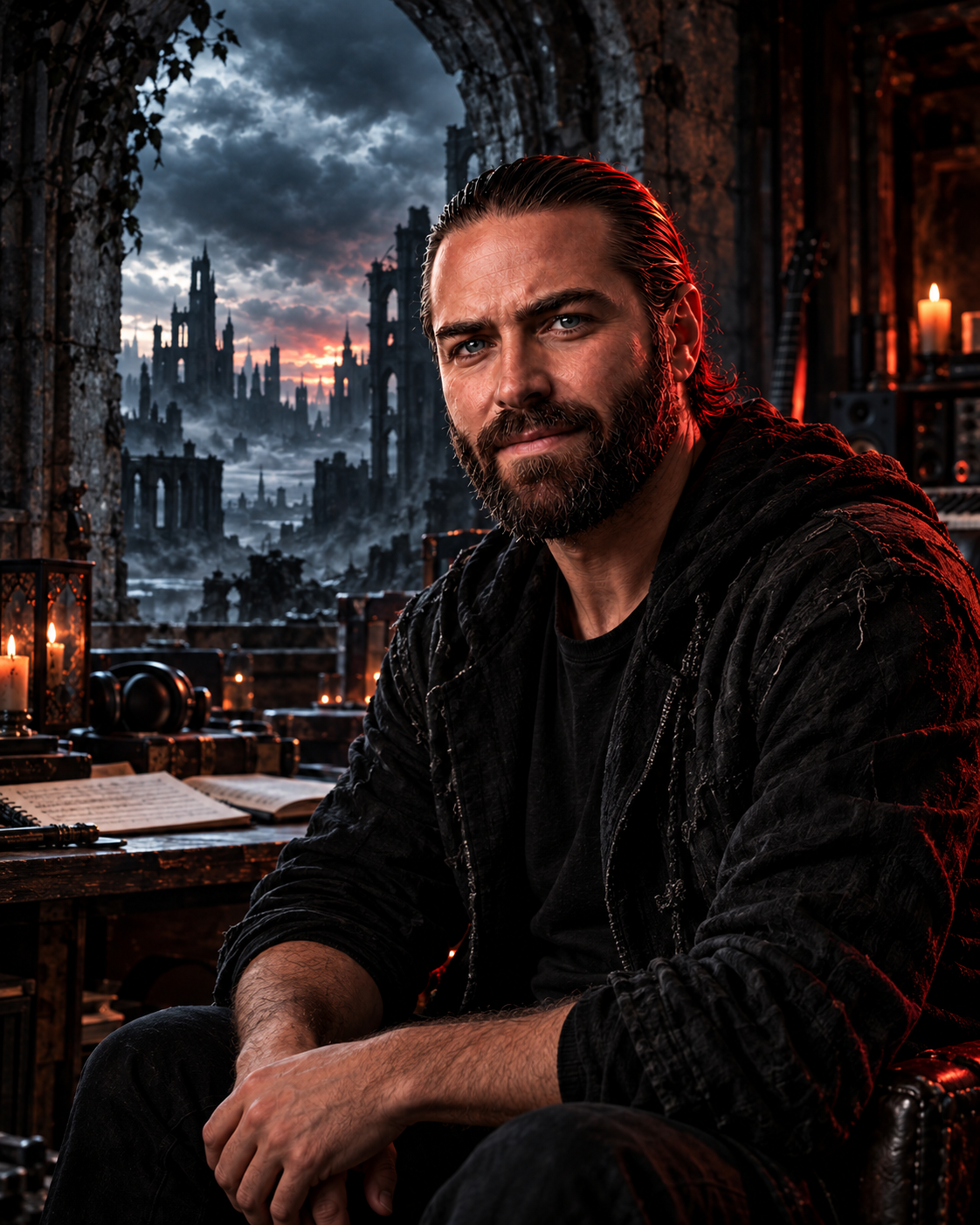 Nuevo retrato artístico de KaNe, con un cuaderno ante una ventana de luz azul y roja.
